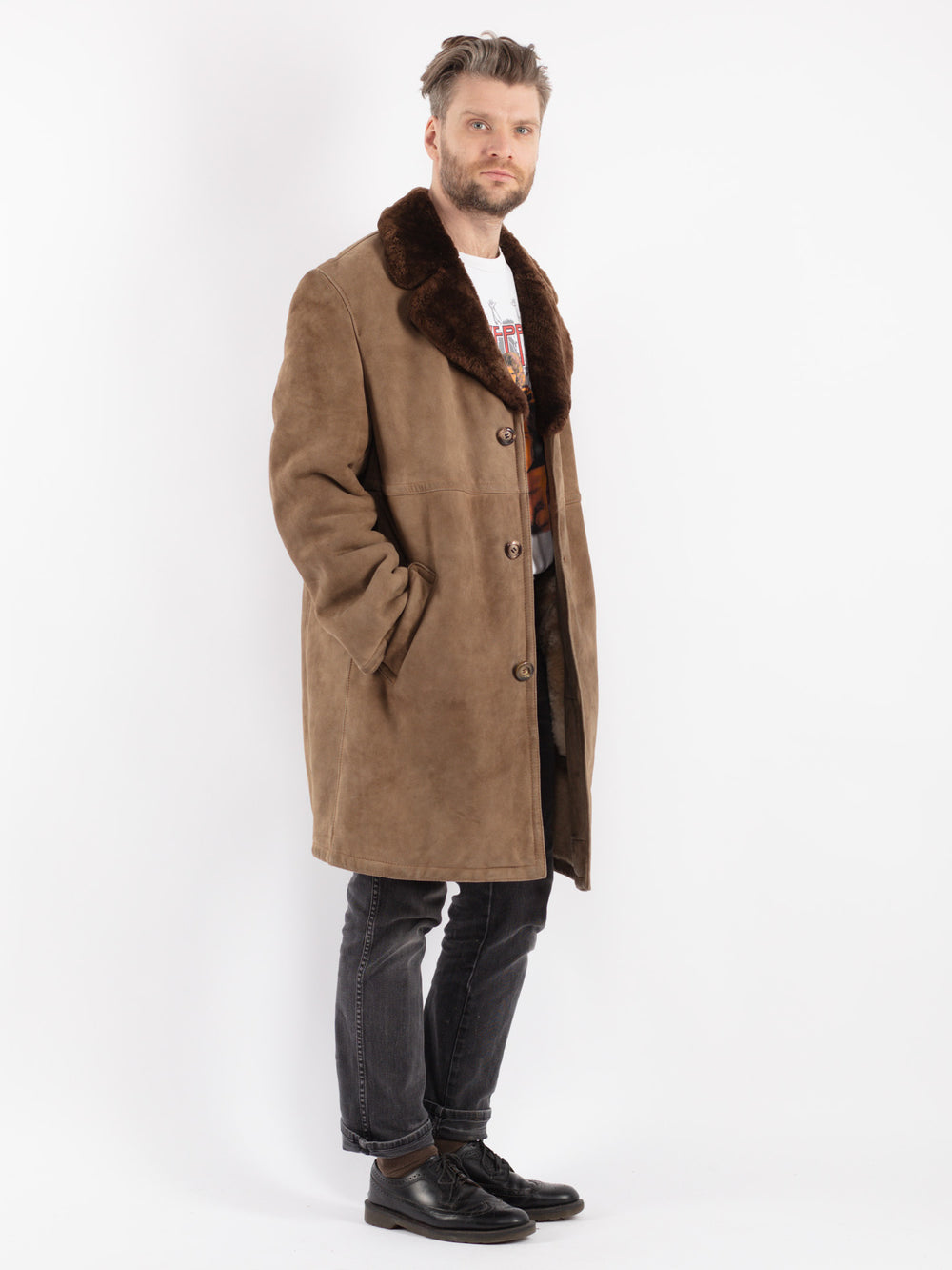 Vintage 70's Men Sheepskin Coat in Beige