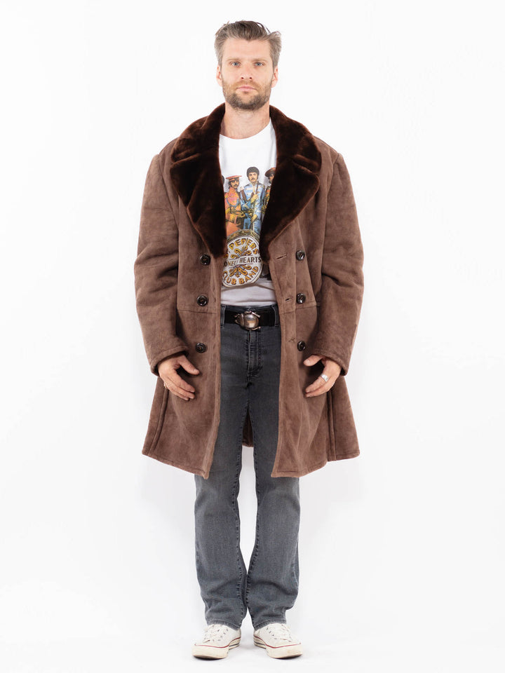 Vintage 70's Men Sheepskin Shearling Coat in BrownZ1979