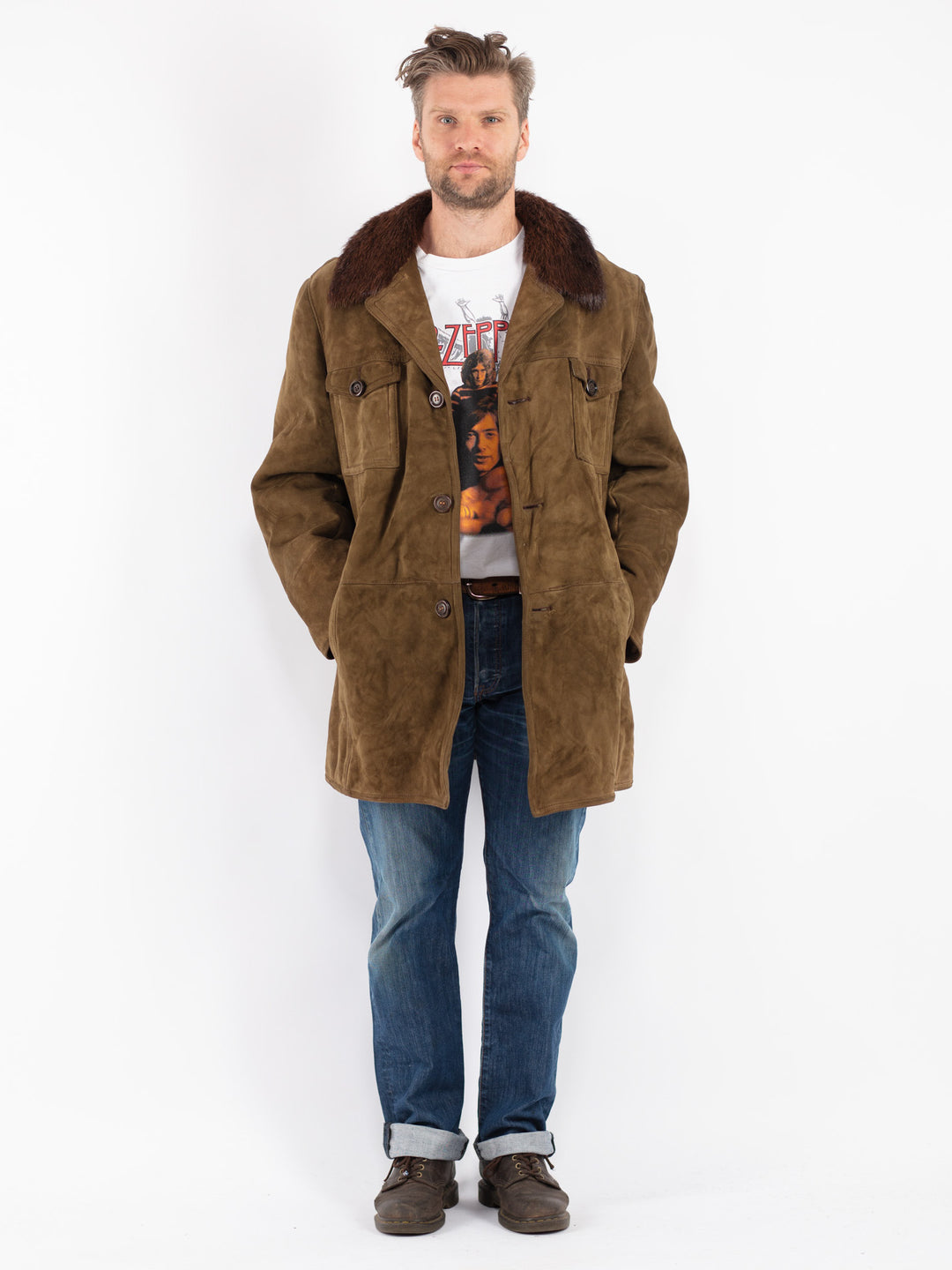Vintage Men Sheepskin Coat in Green