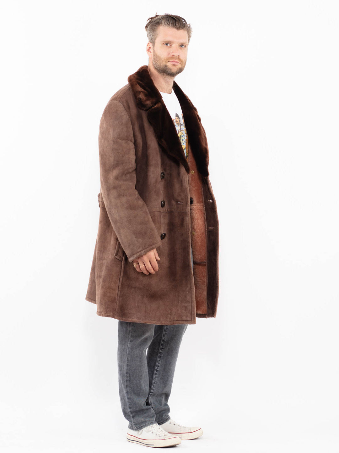 Vintage 70's Men Sheepskin Shearling Coat in BrownZ1979