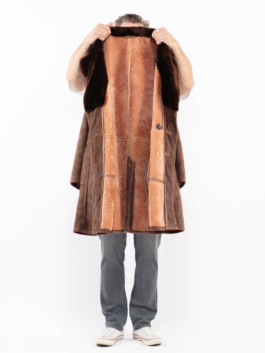 Vintage 70's Men Sheepskin Shearling Coat in BrownZ1979