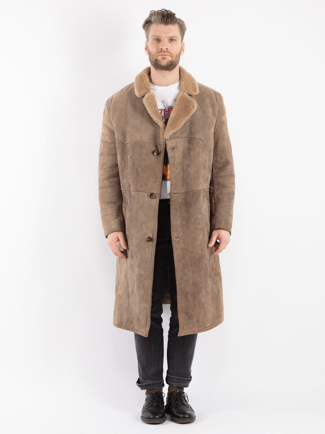 Vintage 70's Men Sheepskin Coat in Beige