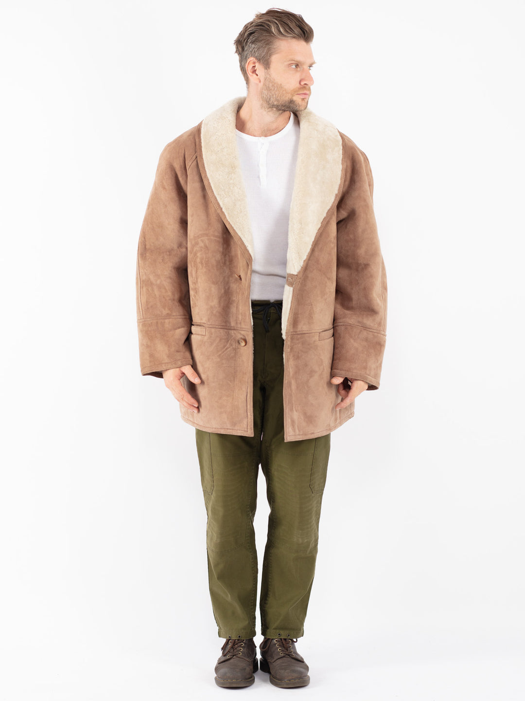 Vintage 70's Men Sheepskin Coat in Beige