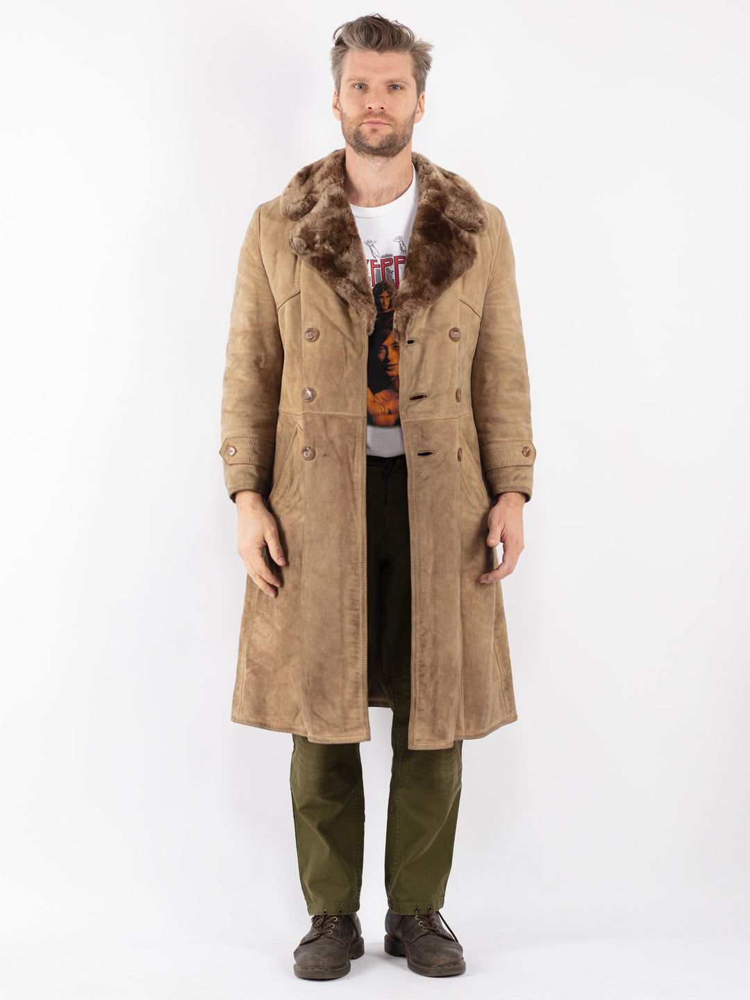 Vintage Men Sheepskin Coat in Beige