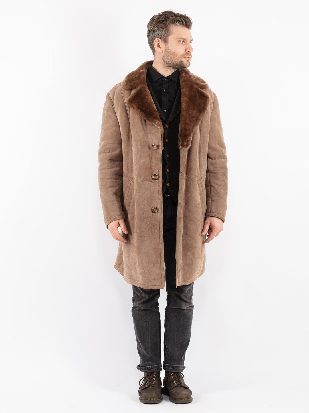 Vintage 70's Men Sheepskin Coat in Beige