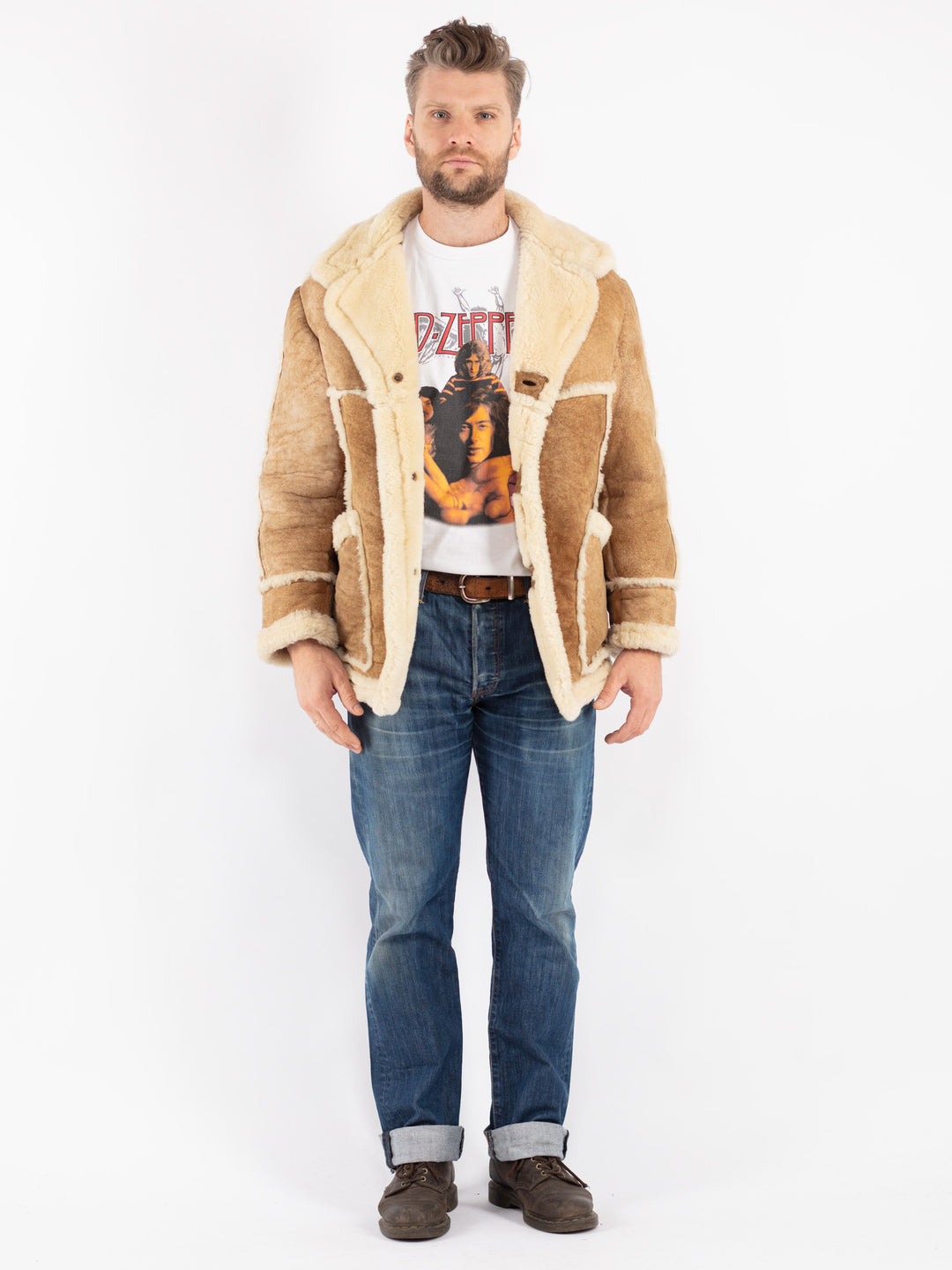 Vintage Men Sheepskin Coat in Beige
