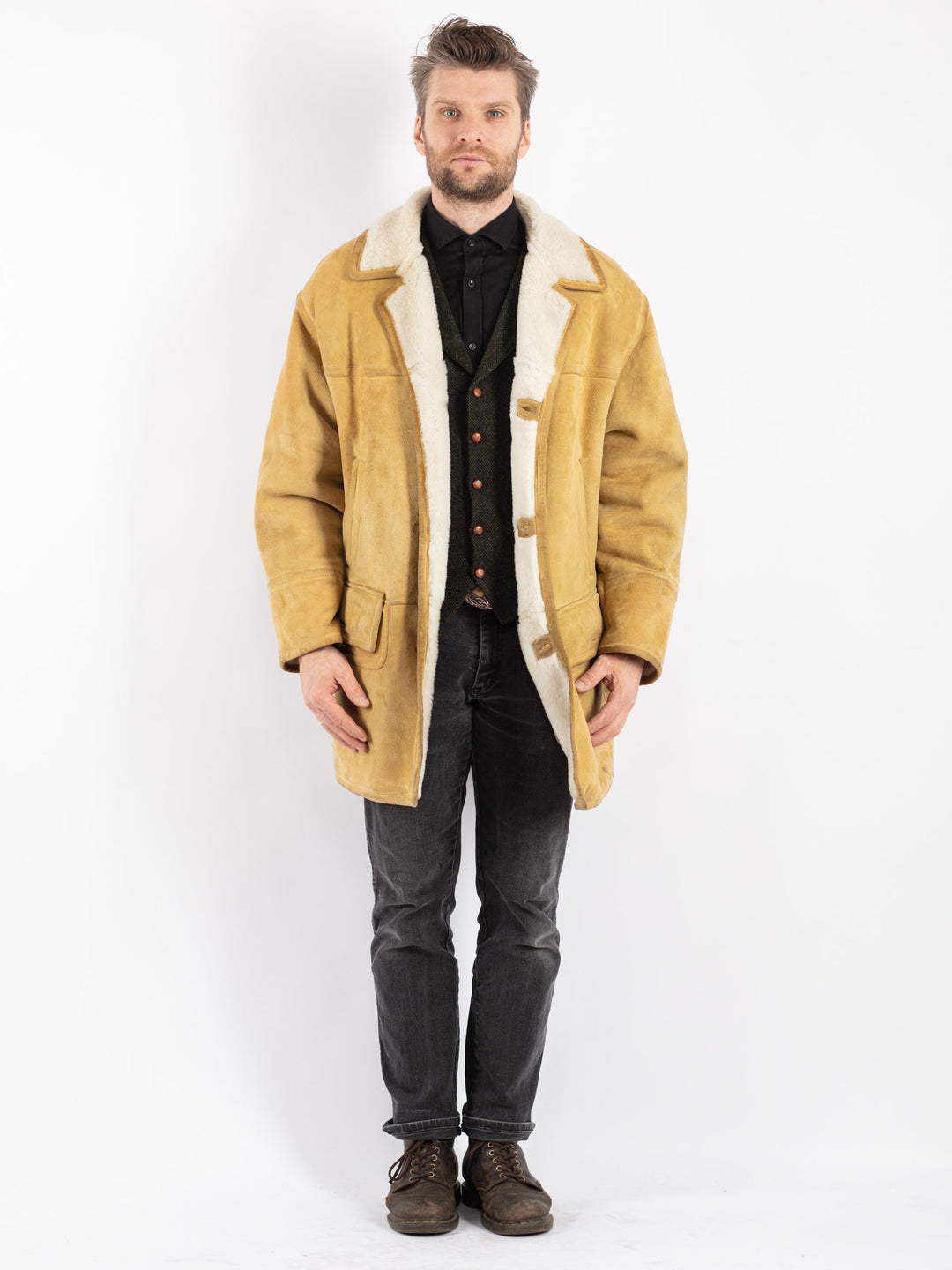 Vintage 70's Men Sheepskin Coat in Beige