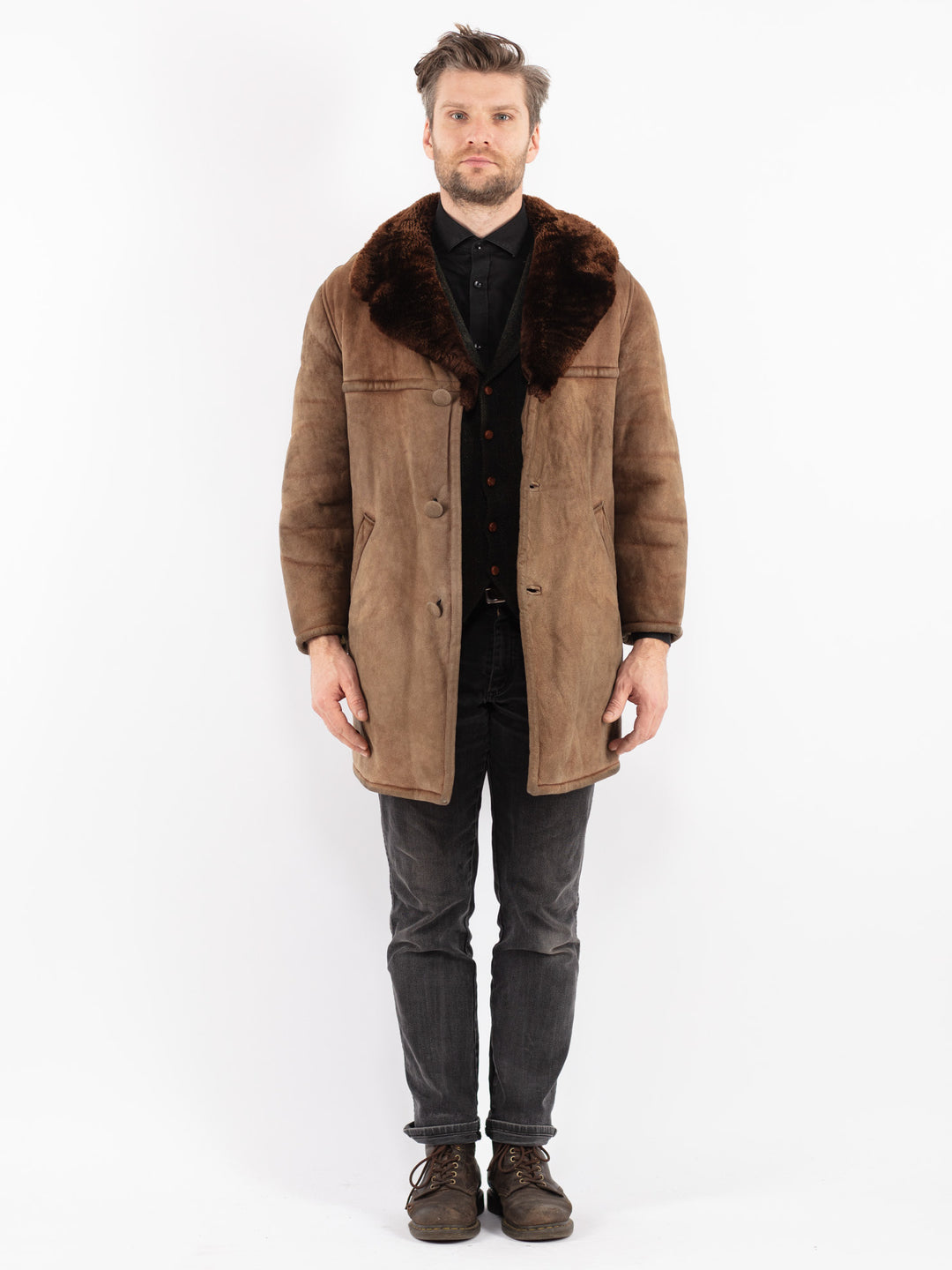 Vintage 70's Men Sheepskin Coat in Beige