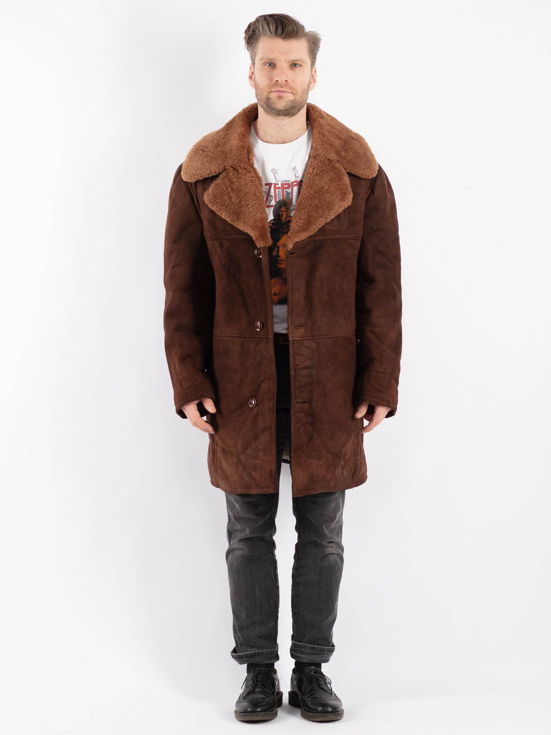 Vintage 70's Men Sheepskin Shearling Coat in Brown