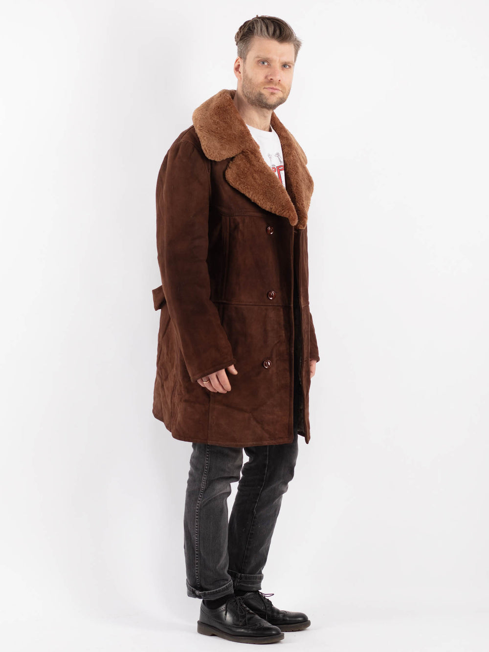 Vintage 70's Men Sheepskin Shearling Coat in Brown