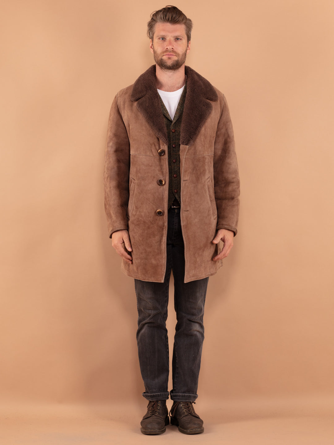 Vintage 70's Men Sheepskin Coat in Beige