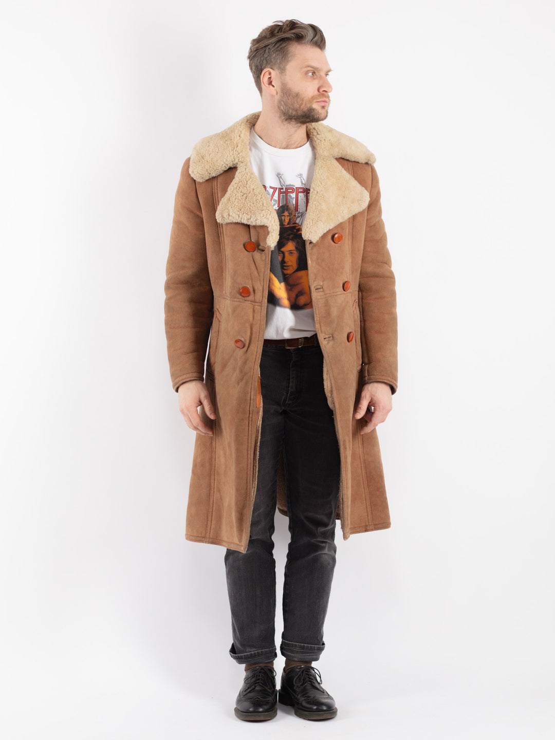 Vintage 70's Men Sheepskin Coat in Beige