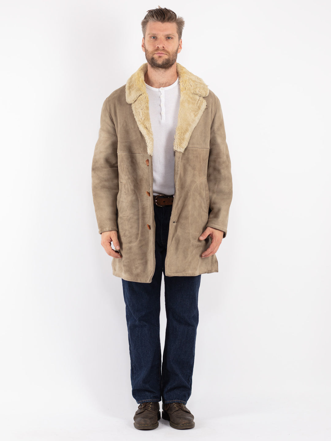Vintage 70's Men Sheepskin Coat in Beige