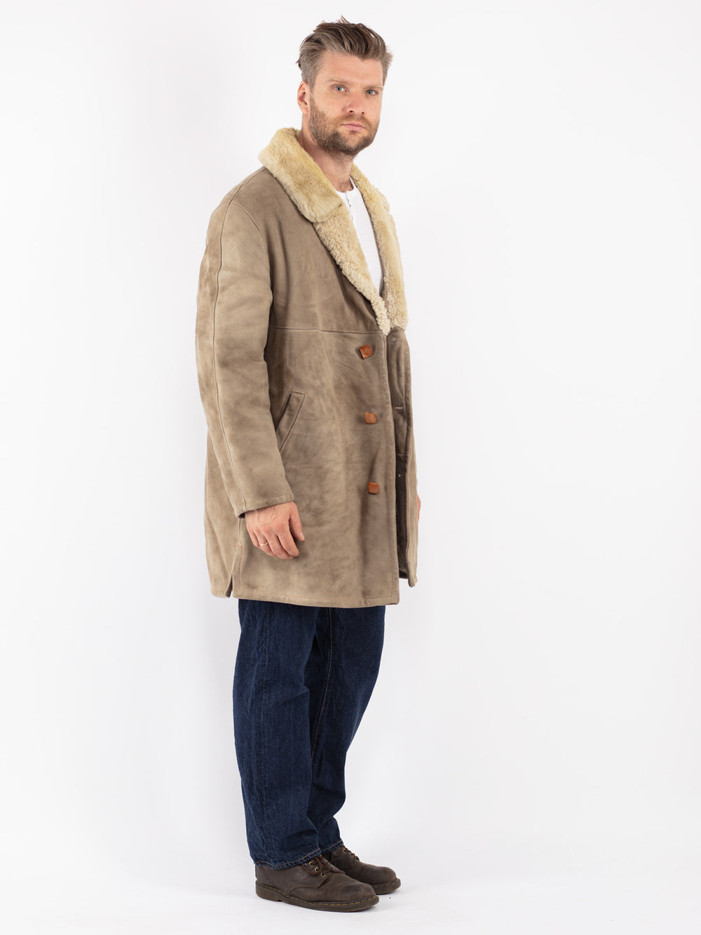 Vintage 70's Men Sheepskin Coat in Beige