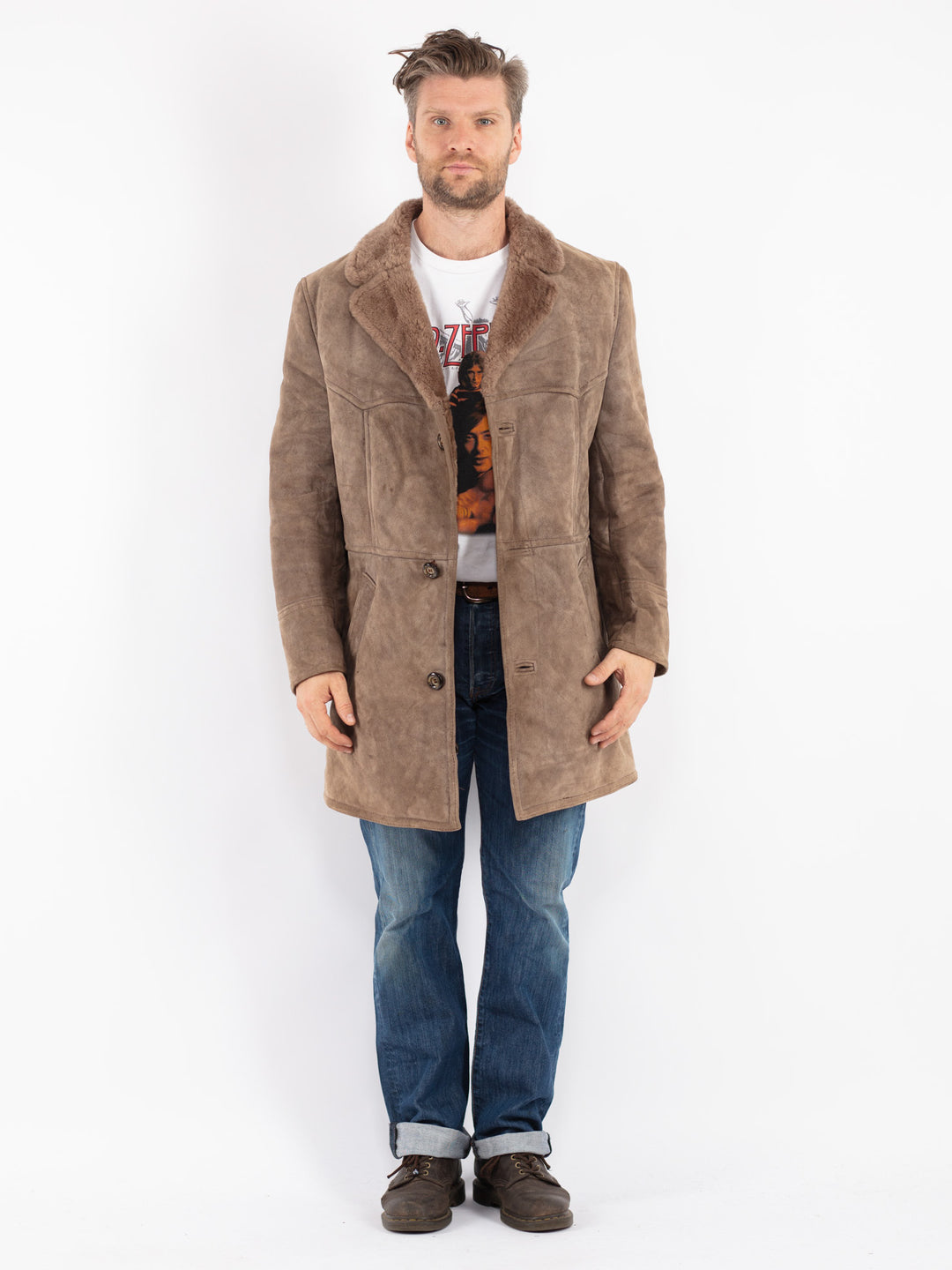 Vintage 70's Men Sheepskin Coat in Beige - NorthernGrip