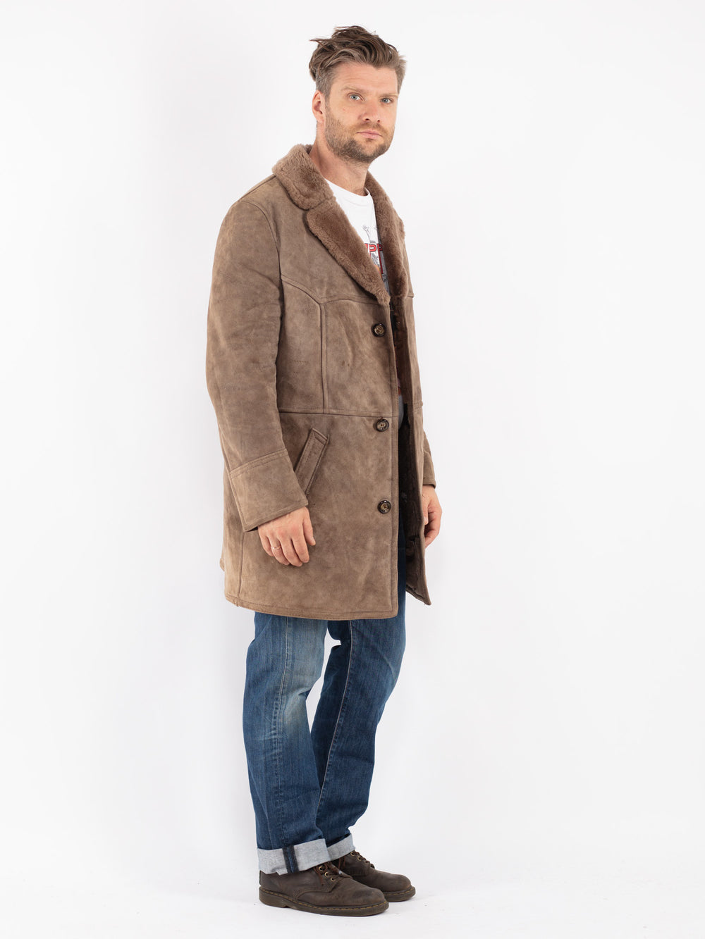 Vintage 70's Men Sheepskin Coat in Beige - NorthernGrip