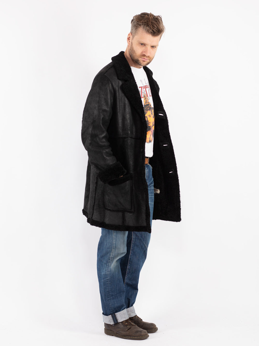 Vintage Men Sheepskin Shearling Coat in Black