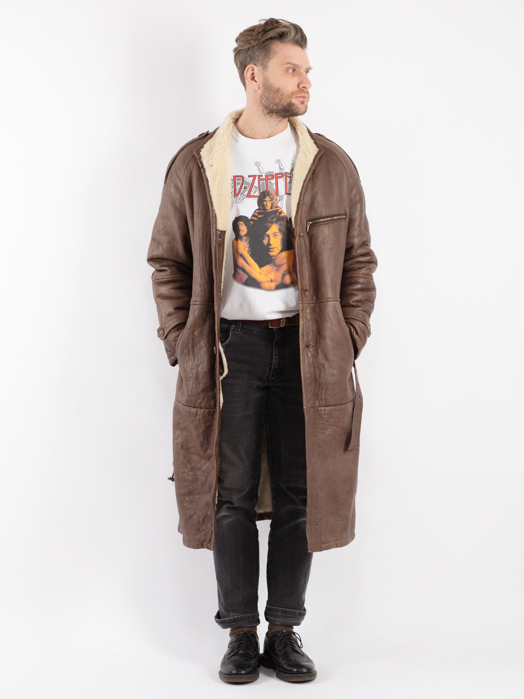 Vintage 70's Men Belted Sheepskin Long Coat in Brown - NorthernGrip