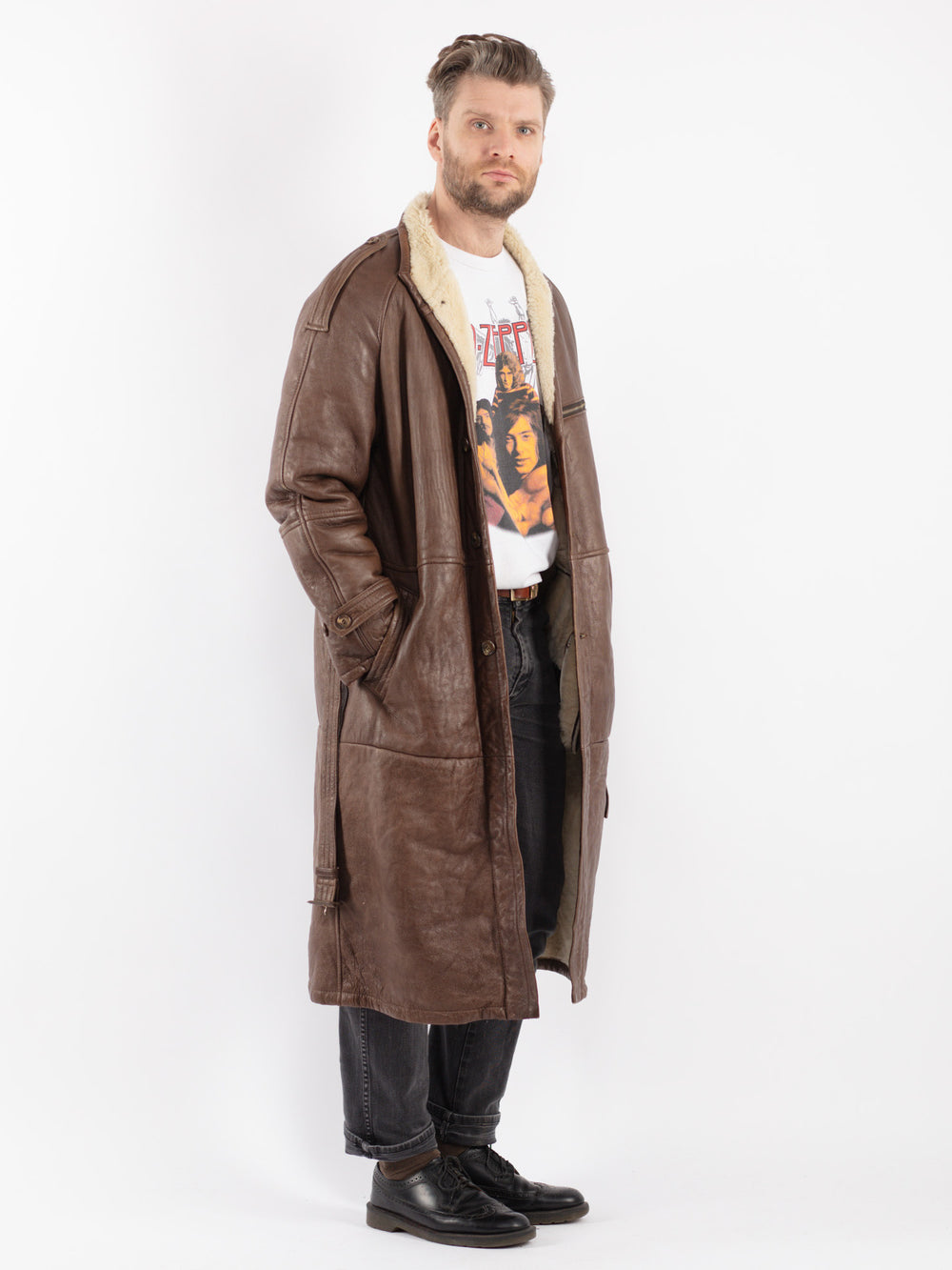 Vintage 70's Men Belted Sheepskin Long Coat in Brown - NorthernGrip