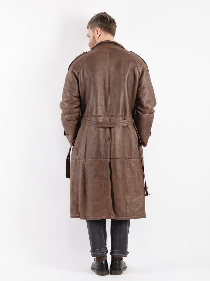 Vintage 70's Men Belted Sheepskin Long Coat in Brown - NorthernGrip