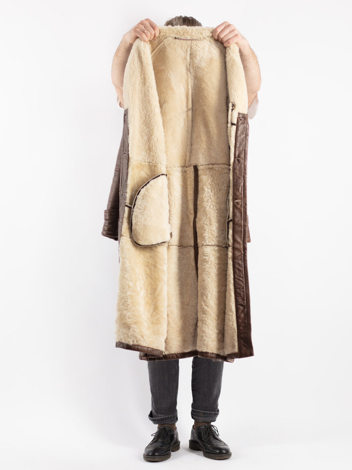 Vintage 70's Men Belted Sheepskin Long Coat in Brown - NorthernGrip