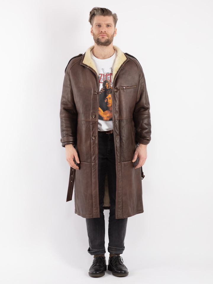 Vintage 70's Men Belted Sheepskin Long Coat in Brown - NorthernGrip