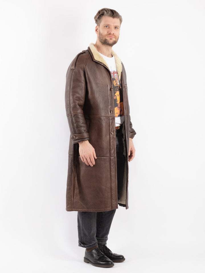 Vintage 70's Men Belted Sheepskin Long Coat in Brown - NorthernGrip