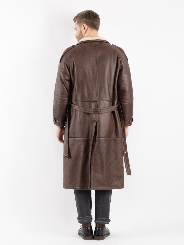 Vintage 70's Men Belted Sheepskin Long Coat in Brown - NorthernGrip