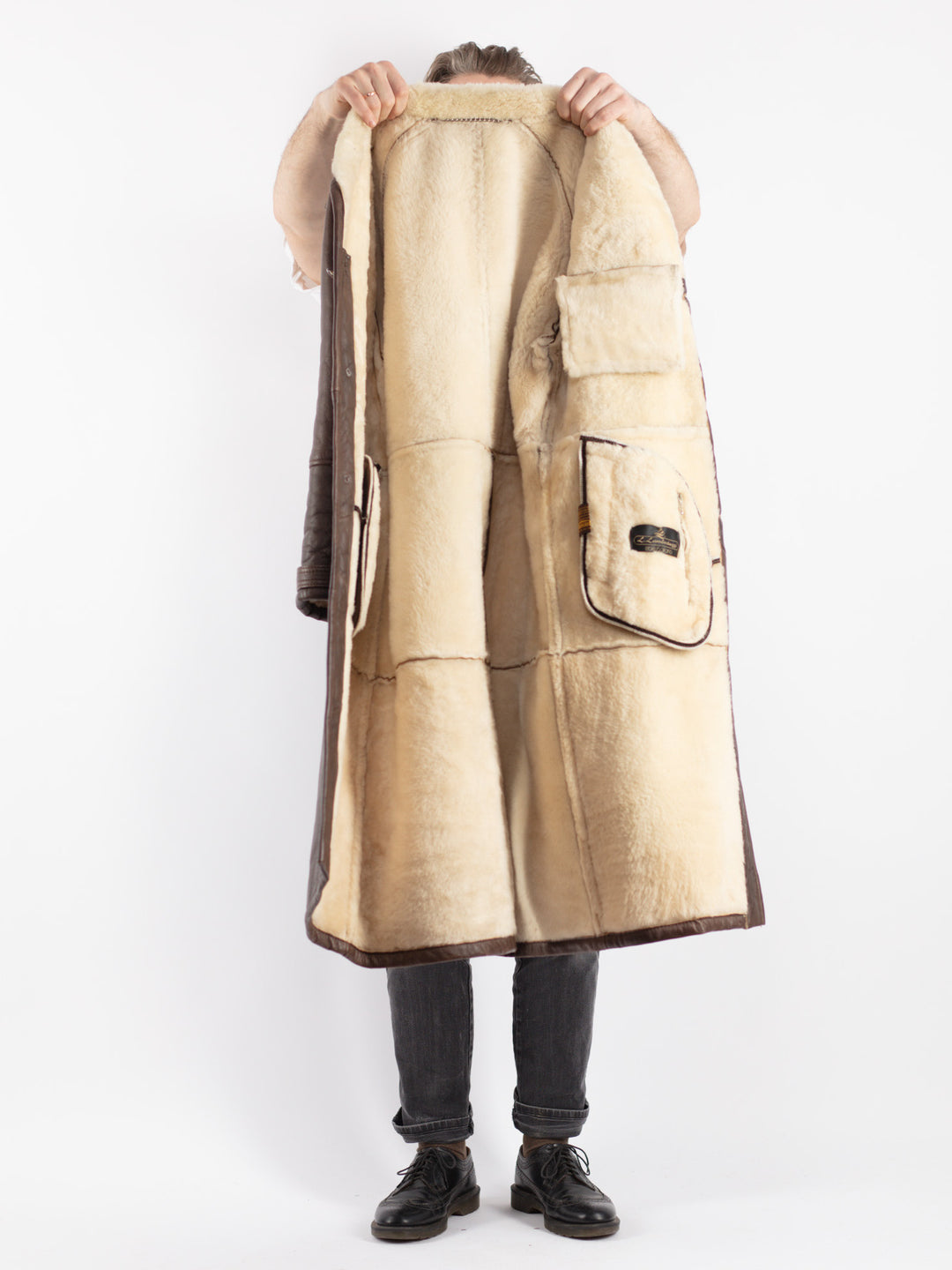 Vintage 70's Men Belted Sheepskin Long Coat in Brown - NorthernGrip