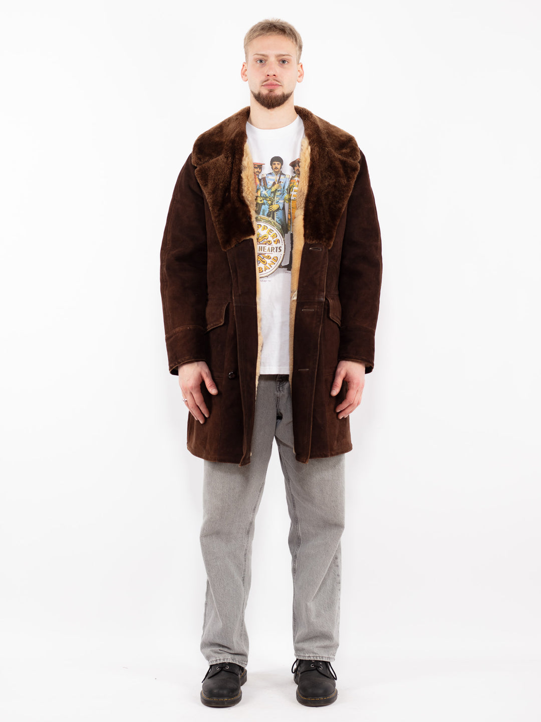 Vintage 70's Men Sheepskin Shearling Coat in BrownZ2523