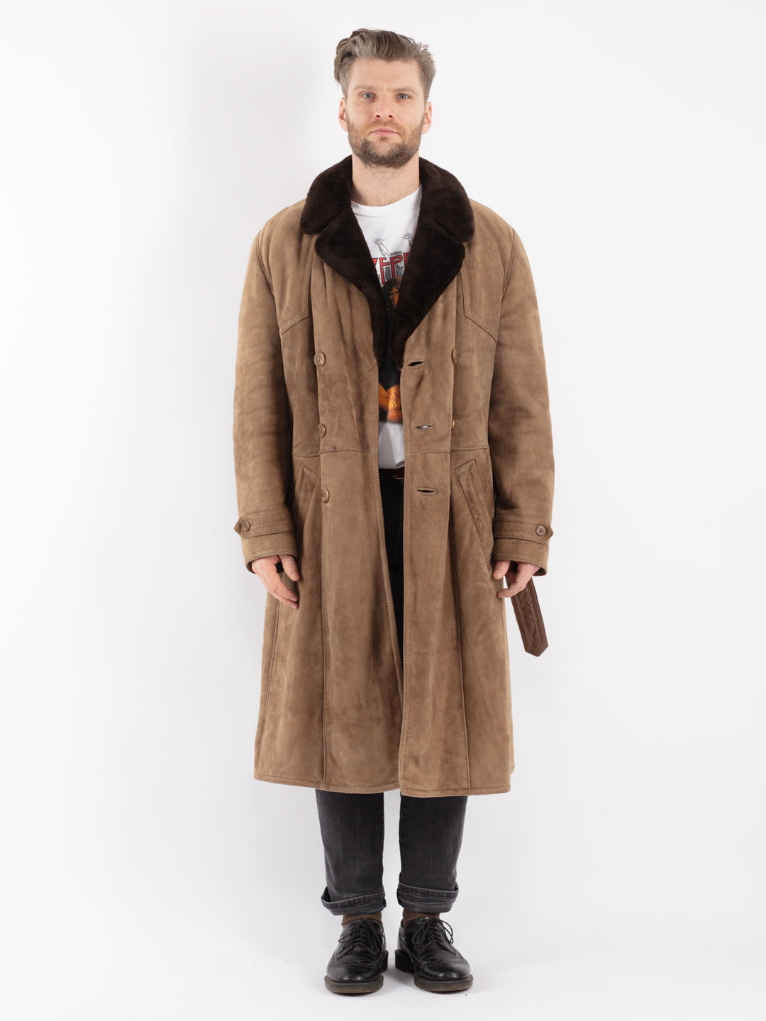 Vintage 70's Men Sheepskin Coat in Beige
