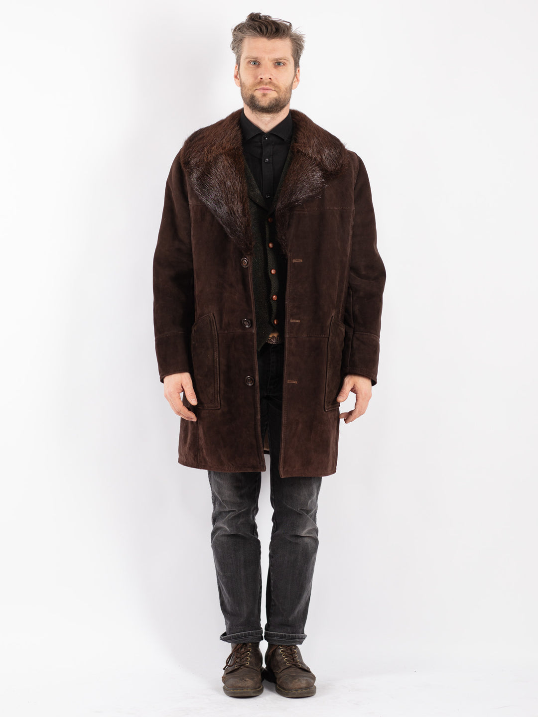 Vintage 70's Men Sheepskin Shearling Coat in Brown