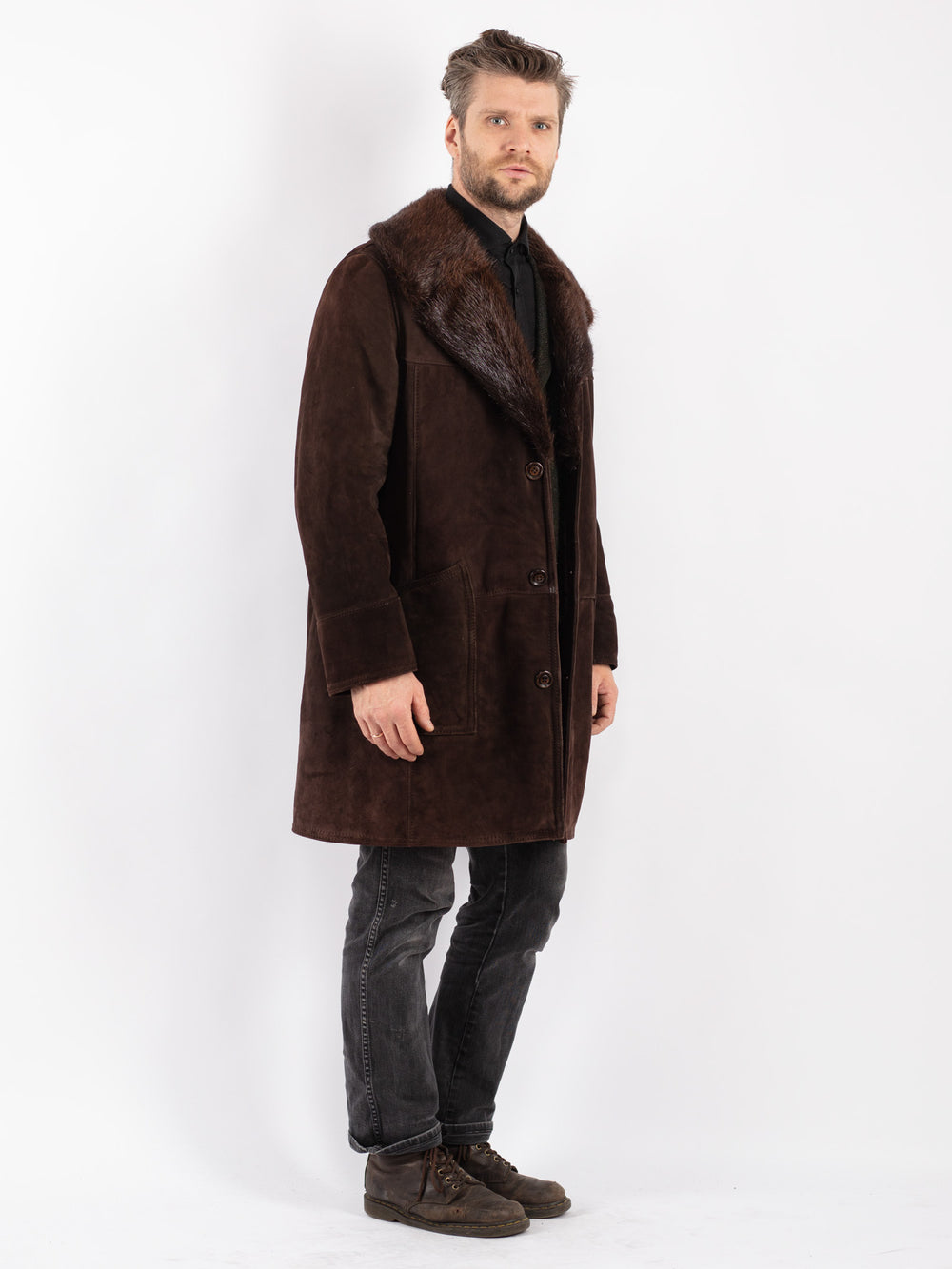 Vintage 70's Men Sheepskin Shearling Coat in Brown
