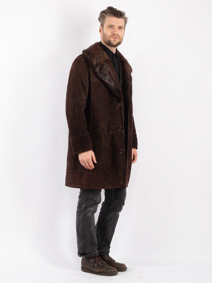 Vintage 70's Men Sheepskin Shearling Coat in Brown