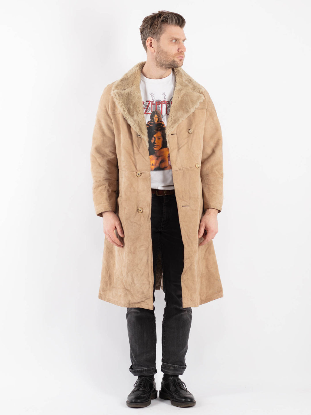 Vintage 70's Men Sheepskin Coat in Beige