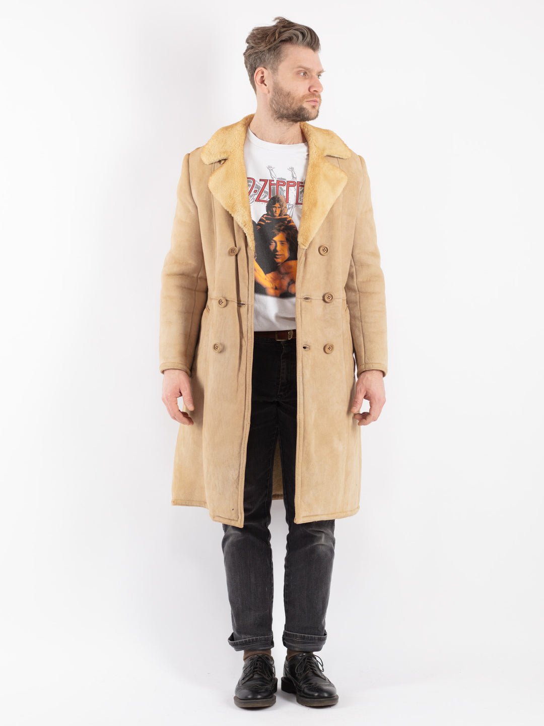 Vintage 70's Men Sheepskin Coat in Beige