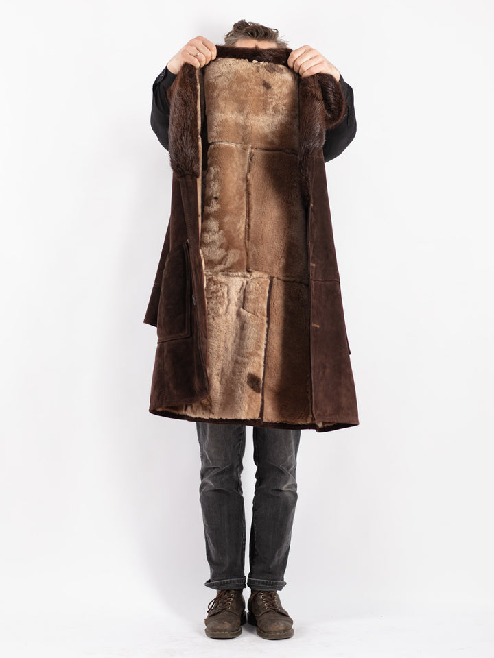 Vintage 70's Men Sheepskin Shearling Coat in Brown