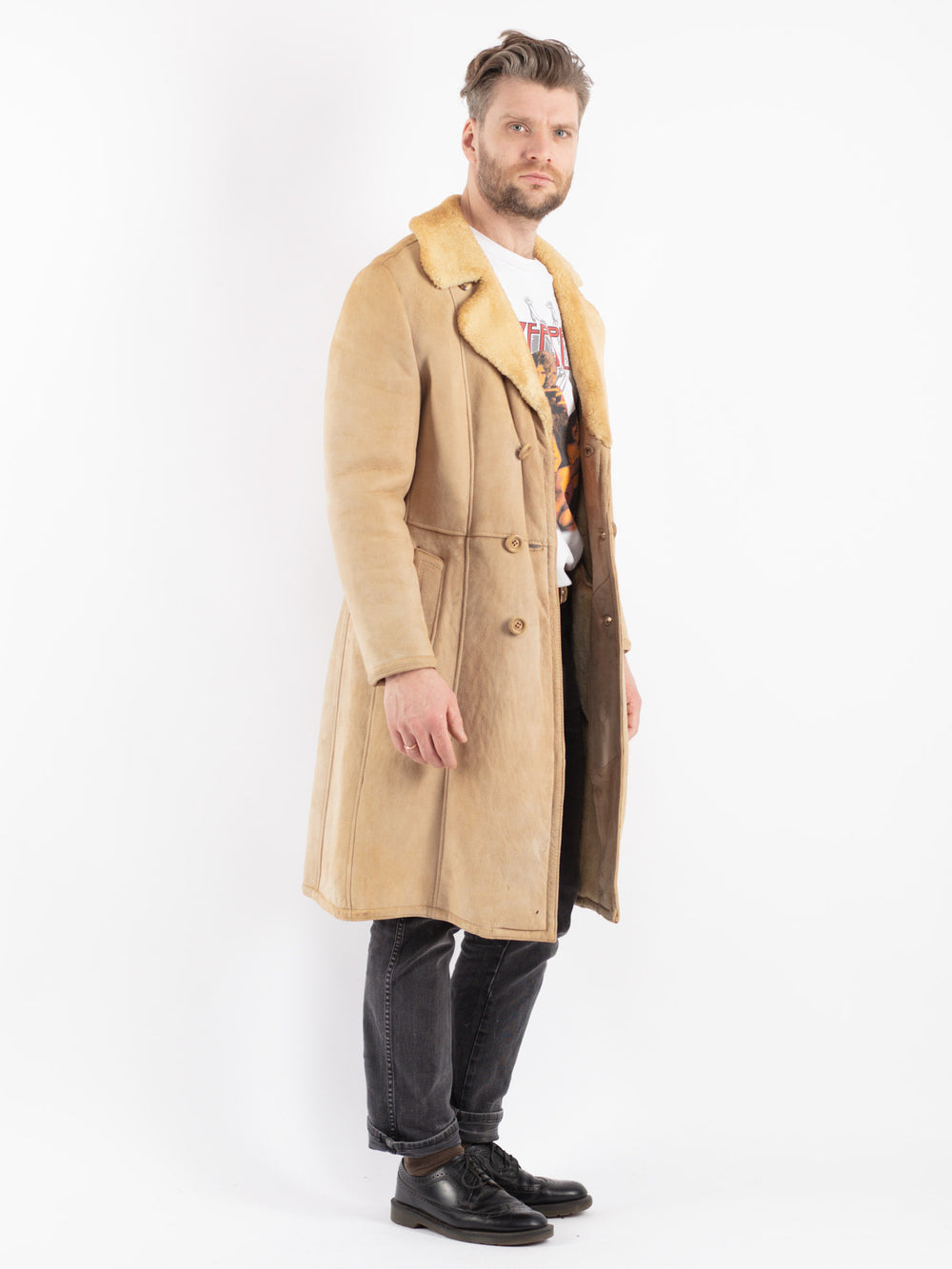 Vintage 70's Men Sheepskin Coat in Beige