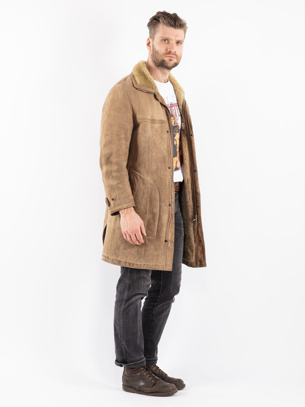 Vintage 70's Men Sheepskin Coat in Beige
