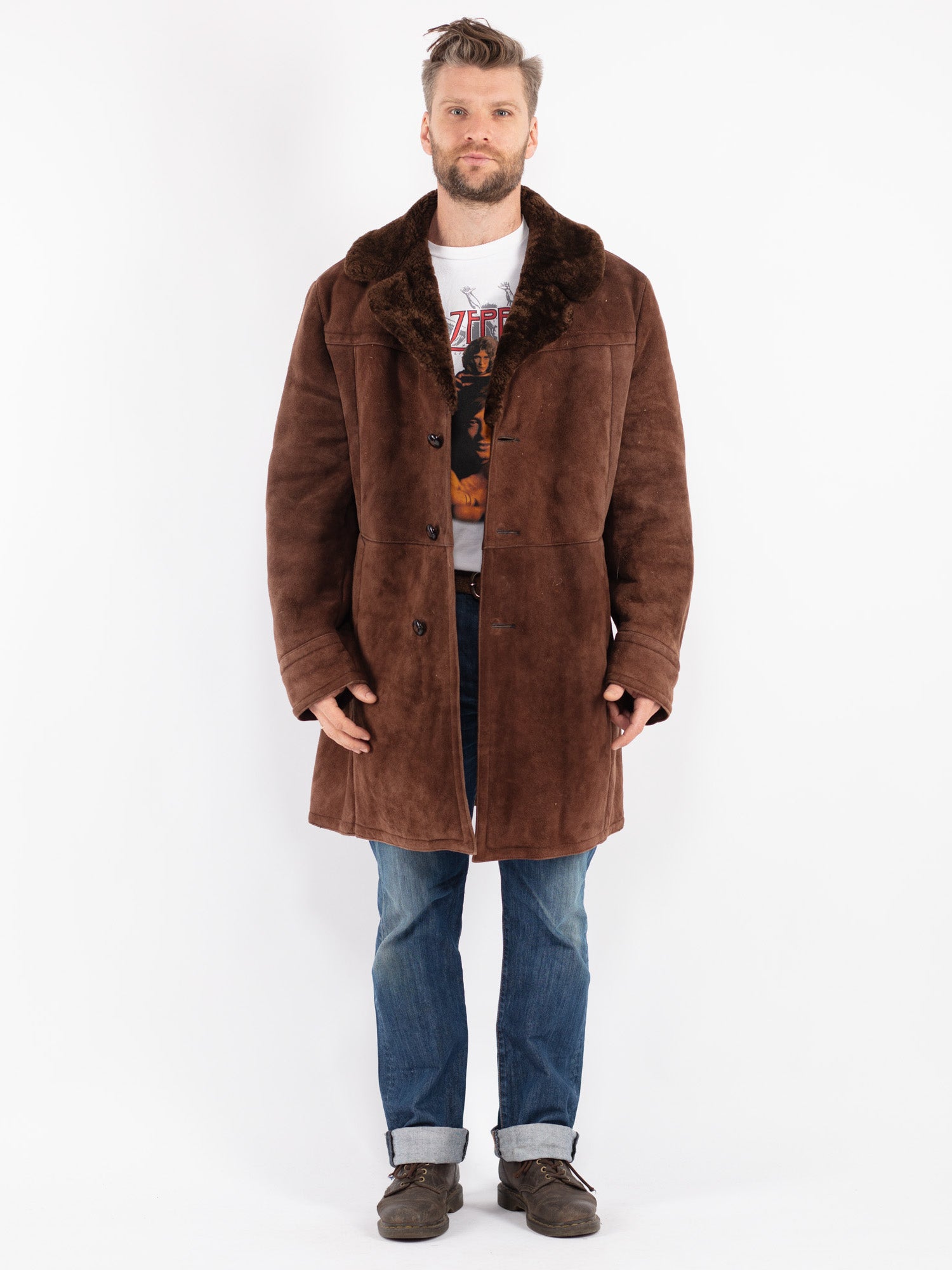 Vintage 70 s Men Sheepskin Shearling Coat in Brown