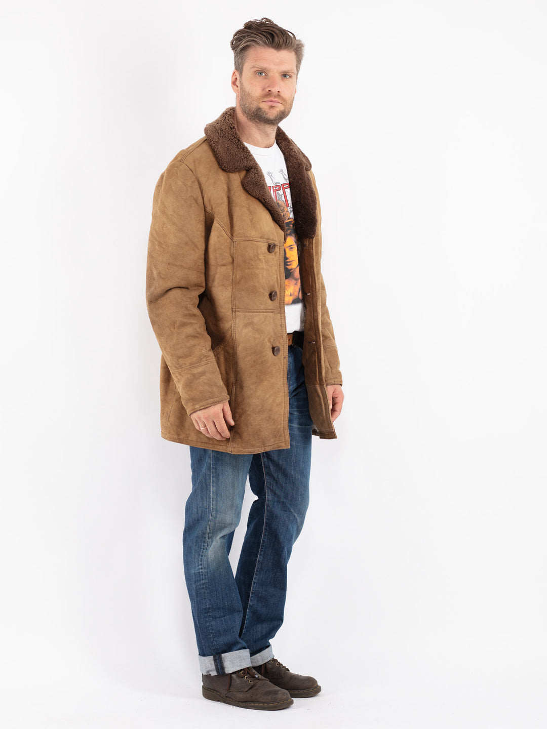 Vintage Men Sheepskin Coat in Beige