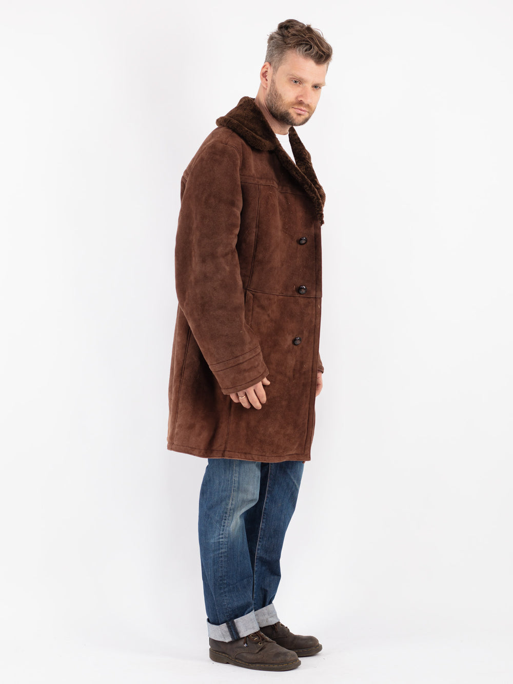 Vintage 70's Men Sheepskin Shearling Coat in Brown
