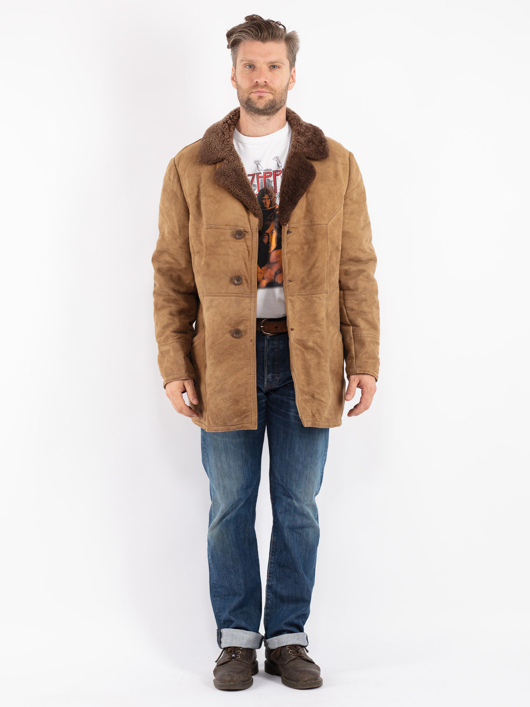 Vintage Men Sheepskin Coat in Beige