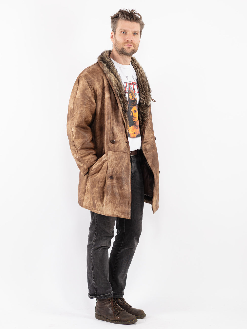 Vintage 70's Men Sheepskin Shearling Coat in Beige