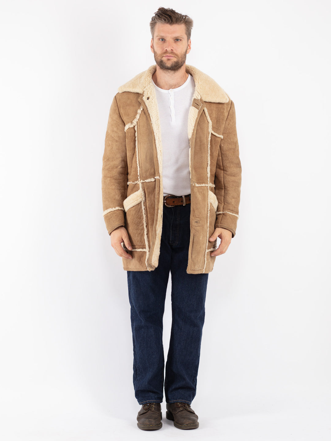 Vintage 70's Men Sheepskin Coat in Beige