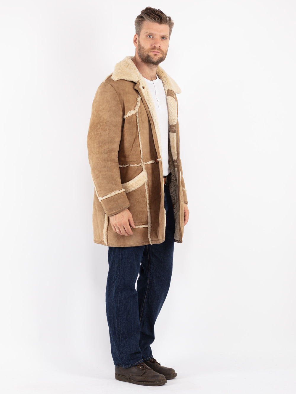 Vintage 70's Men Sheepskin Coat in Beige
