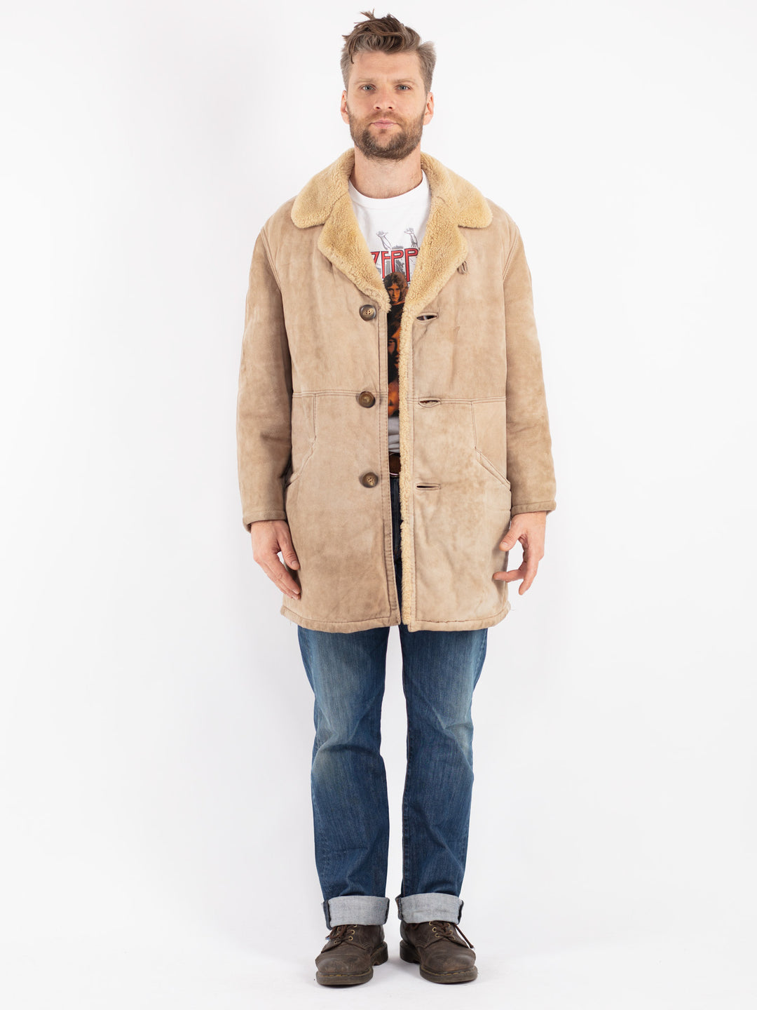 Vintage 70's Men Sheepskin Coat in Beige