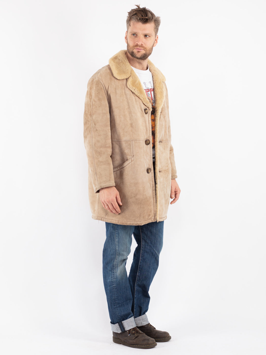 Vintage 70's Men Sheepskin Coat in Beige