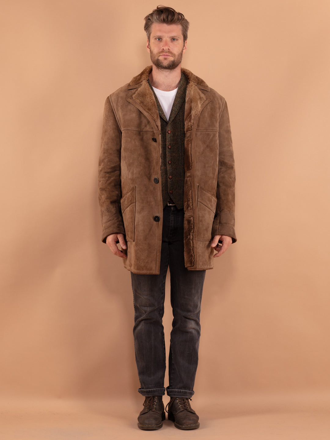 Vintage 70's Men Sheepskin Coat in Beige