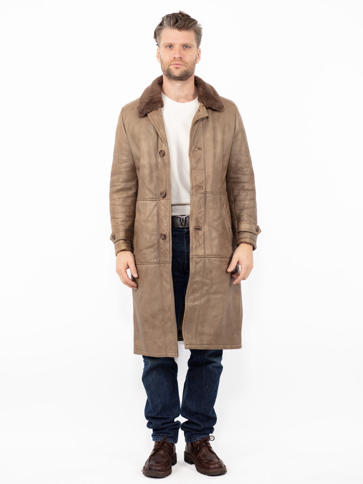 Vintage 70's Men Sheepskin Leather Coat in Beige